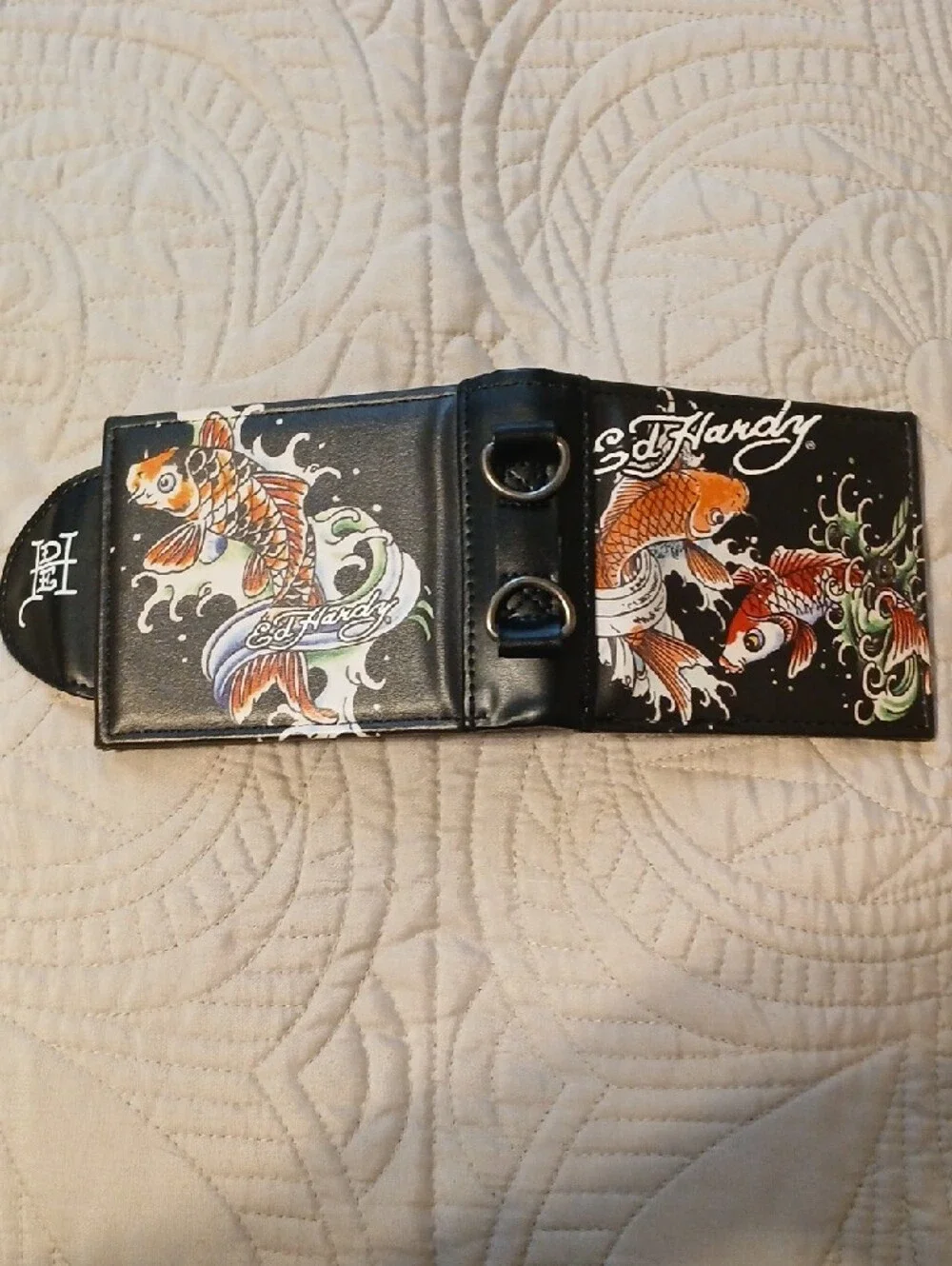 Ed Hardy Black Wallet with Orange & Red Koi Fish Design